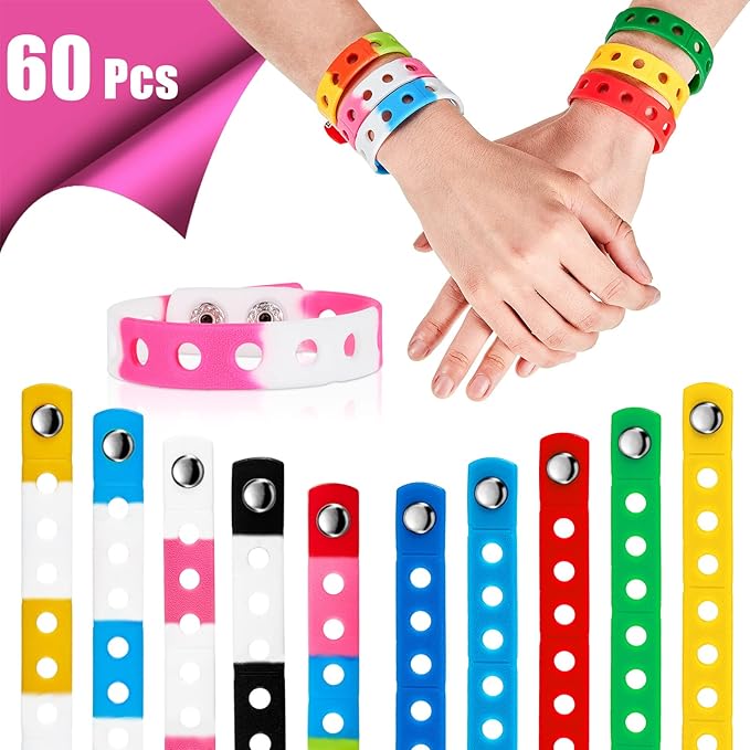 Aoriher 60 Pcs Silicone Charm Bracelet 7 Inch Charm Bracelet Christmas Stocking Stuffers for Kids Adjustable Silicone Wristbands Bulk for Party Supplies Gift(Multicolored)