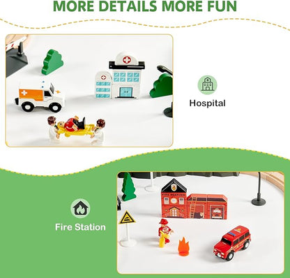 153pcs Wooden Train Set, Toy Train for Boys & Girls, 6 Themed Scenarios Wooden Train Track for Toddlers & Kids, Ideal Easter Birthday Gift Toy for Kids, Compatible with Major Brands