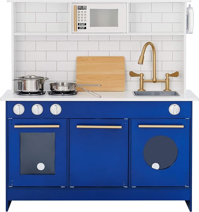 Teamson Kids Little Chef Berlin Kids Play Kitchen with 6 Kitchen Accessories, Wooden Play Kitchen Set for Toddlers with Subway Tile Backsplash, Gold Hardware, & Storage Shelves, Blue/White