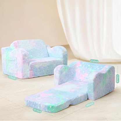Folding Toddler Chair, Soft Plush Fold Out Kids Couch Sofa Glow in The Dark, Comfy Baby Recliner for Girls Boys (Colorful Star)