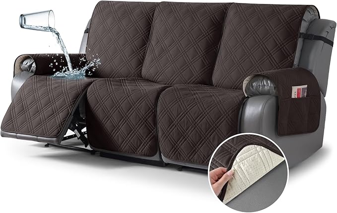 TAOCOCO 100% Waterproof Recliner Sofa Covers 3 Seater, Split Couch Covers for Reclining Couches for Kids Pets, Non Slip Reclining Couch Covers Furniture Protector with Straps(3 Seater, Coffee)