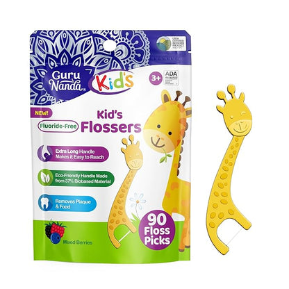 GuruNanda Dental Floss Picks for Kids, Extra-Long Giraffe-Shaped Picks, Fluoride-Free, Anti-Slip & Shred-Resistant Design & Eco-Friendly Handle & Berry Flavor, Ideal for Ages 3+, 90 Count (Pack of 1)