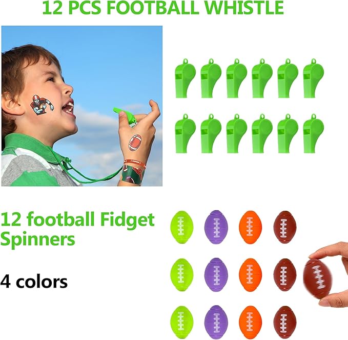 134 Pcs Football Party Favors Set 12 Silicone Bracelet 12 Whistles 12 Keychains 12 Slap Bracelet 12 Tattoo Stickers 12 Fidget Spinners 12 Gift Bags 50 Football Stickers for Football Party Supplies