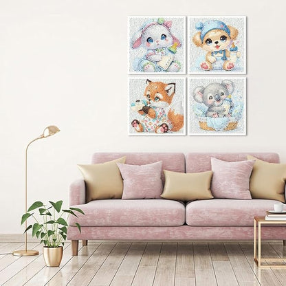 FQOVKYN 4 Pcs Baby Animals Diamond Art Kits for Kids, Cute Animals DIY Diamond Arts Mosaic Kits for Adults Beginner, Full Round Drill Diamond Art Painting for Home Wall Decor Kids Gift 6X6 inch