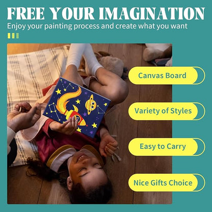 8 Packs Predrawn Canvas for Painting Kids Painting Canvas for Kids Painting Kits for Kids 4-8, 48 Paints, 8 Brushes 2 Easels, 8 6x8 Printed Canvas to Paint for Girls Boys and Beginners