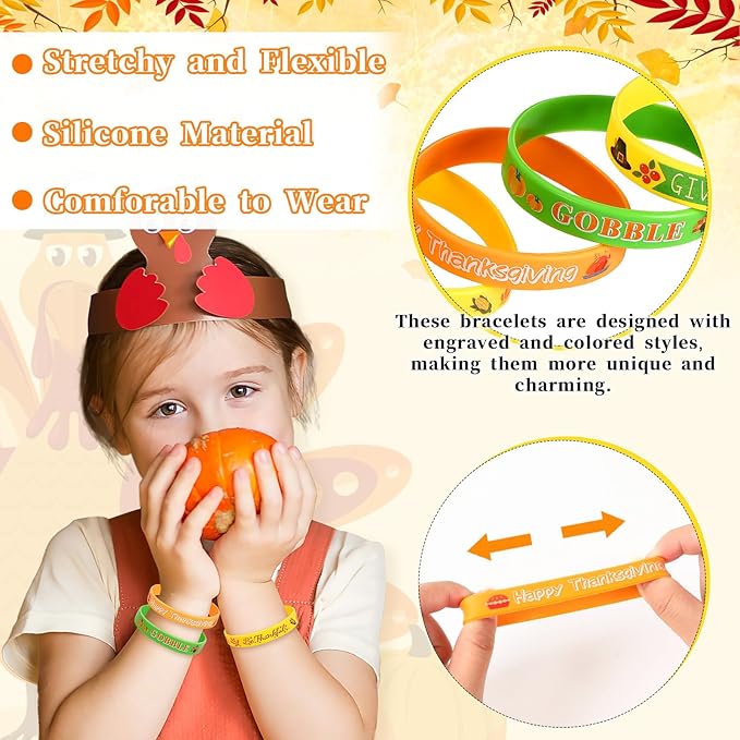JUNEBRUSHS 24Pcs Thanksgiving Silicone Bracelets Rubber Wristbands Fall Party Favors for Kids Decorations for Autumn Thanksgiving Party Kids Stuffers Filler Accessories Gifts Supplies
