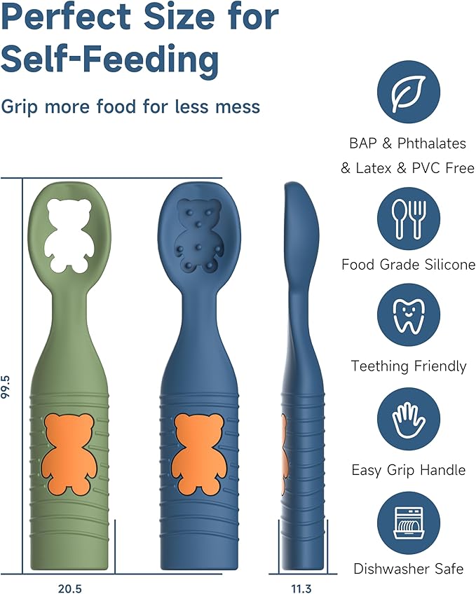 2 Pack Baby Spoons, First Stage Spoons, Food Grade Silicone, 6+ Months, Teething for Self Feeding, Toddler Utensils for Baby Led Weaning, BPA Free