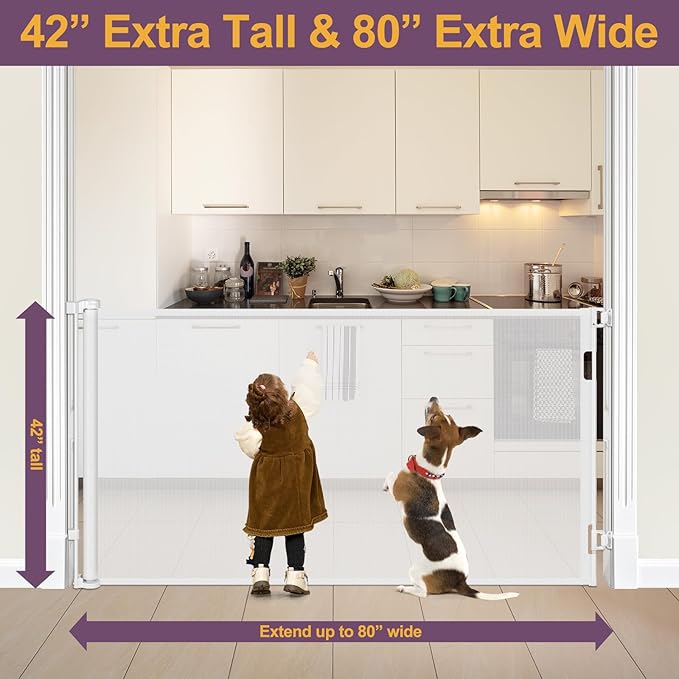 42" Tall X 80" Wide Retractable Baby Gates for Doorways Extra Tall Dog Gate for Large Openings Tall Pet Gate for Cats Tall Mesh Baby Gate Large Dog Gate Long Gates for Kids or Pets (White)
