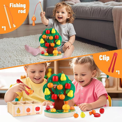 INIFEIDALA Montessori Toys for 3 4 5 6 Year Old - Wooden Sensory Toy for Toddlers - Shape Sorting Puzzle for Fine Motor Skills - Apple Picking Magnetic Tree Toy,Hand-Eye Coordination,Color Recognition
