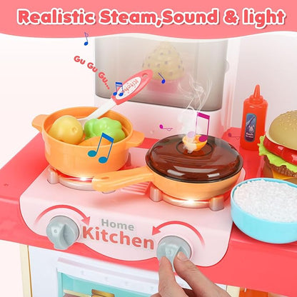Kids Kitchen Playset, Toy Kitchen Set with Light, Music, Sink and Play Food Kitchen Accessories, Pretend Play Kitchen for Toddler 3-5