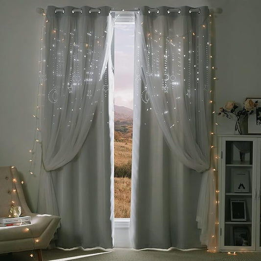 NICETOWN Double Layer Room Darkening Curtains 95 Inch Length 1 Pair for Girls Nursery Bedroom Grommet Blackout Curtains with Sheer Overlay, 52" W x 95" L, Greyish White