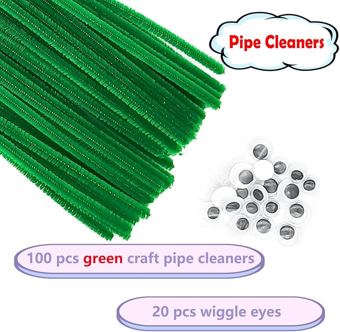 Cldamecy 100 pcs Green Color Craft Pipe Cleaners with 20 pcs Wiggle Eyes,Chenille Stems for Arts & Crafts,DIY Projects and Holiday Decoration