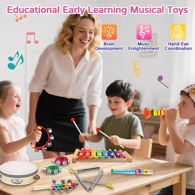 Kids Musical Instruments, INLAIER Toddler Wooden Percussion Instruments Tambourine Xylophone Toys for Kids Children, Preschool Education Early Learning Musical Toy for Boys and Girls with Storage Bag
