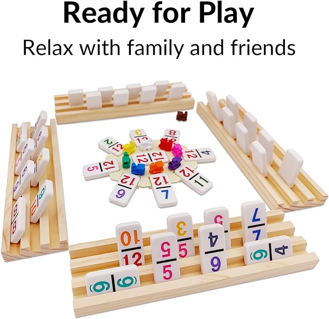 Mexican Train Dominoes Set with Numbers and 4 Wooden Trays/Racks, Double 12 Dominos Travel Set with 4 Tiles Holders, 91 Tiles Double 12 Colored Dominoes Game Set with Portable Case for Families Kids