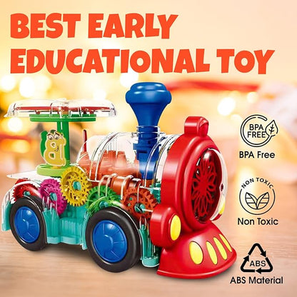 Transparent Train Toy - Fun and Interactive Electric Train Toy for Kids - Music Train with LED Light up - Colorful Moving Gears -Tummy Time Crawling Baby Toys for Boys Girls