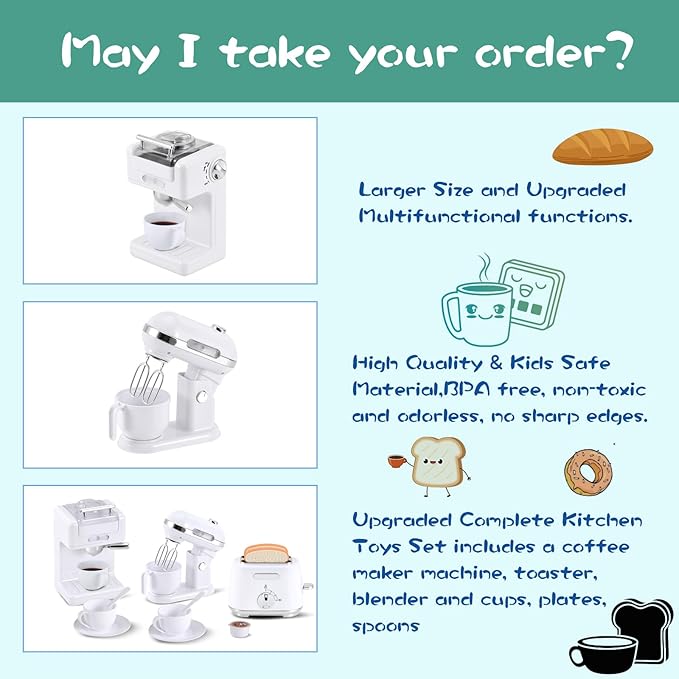 Kitchen Appliances Toys, Play Kitchen Accessories Set for Kids, Pretend Kitchen Toys with Coffee Maker, Mixer and Toaster, Play Kitchen Set for Kids (White)