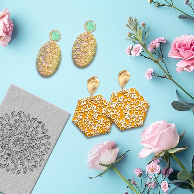 4PCS Polymer Clay Texture Sheets Set for Using with Clay Cutters Boho Clay Mat Effect as Texture Roller DIY Craft Tools Earing Jewelry Making