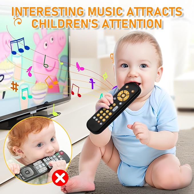 Avkast Baby TV Remote Control Toy 6 Month+, Toddler Realistic Remote Toy with Sound and Light, Early Educational Music Toys with 3 Languages English French Spanish for Infant Boys Girls 6 12 18 months