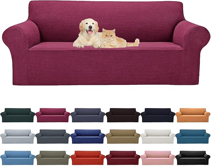 2025 New Stretch Sofa Slipcovers Couch Cover for 3 Cushion Furniture Protector Sofa Covers with Elastic Bottom Jacquard Fabric Small Checks for Pets, Kids -Sofa, Wine