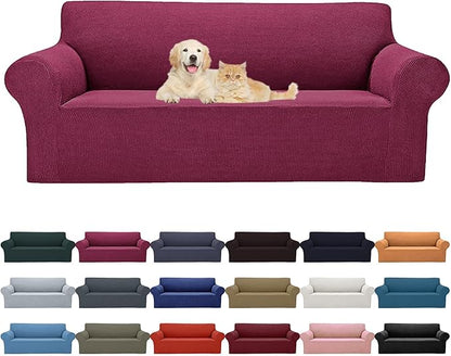 2025 New Stretch Oversized Sofa Slipcovers Couch Sofa Cover for 4 Seater Furniture Protector Covers with Elastic Bottom Jacquard Fabric Small Checks for Pets, Kids - Wine