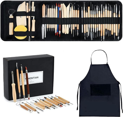 TEMONTIAN Pottery Tool Kit，Clay Sculpting Tools,43 Pcs Double Sided Pottery Wheel Tools for Adults，Pottery Carving Tools，Pottery Kiln Tools at Home，Ceramics Tools Set with Carrying Case Bag and Apron