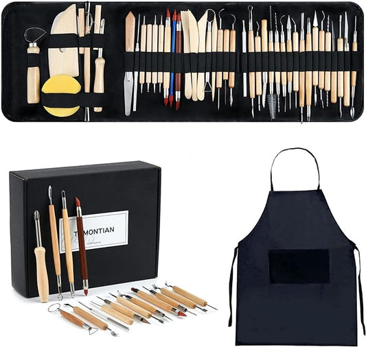 TEMONTIAN Pottery Tool Kit，Clay Sculpting Tools,43 Pcs Double Sided Pottery Wheel Tools for Adults，Pottery Carving Tools，Pottery Kiln Tools at Home，Ceramics Tools Set with Carrying Case Bag and Apron