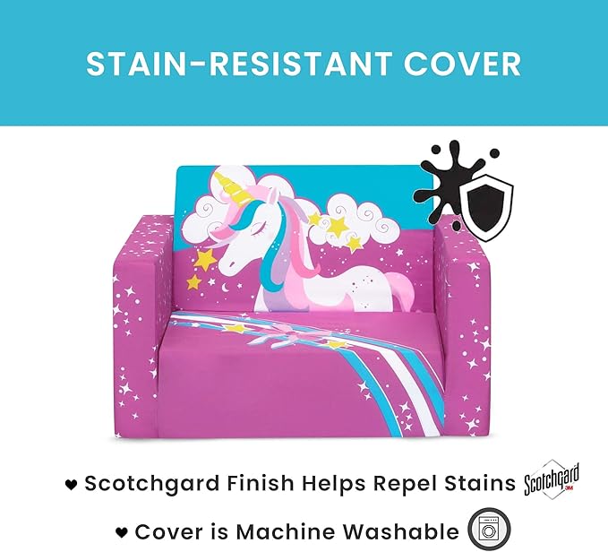 Delta Children Unicorn Cozee Flip-Out Chair For Relaxing - 2-in-1 Convertible Lightweight,Portable Chair to Lounger for Toddlers & Kids