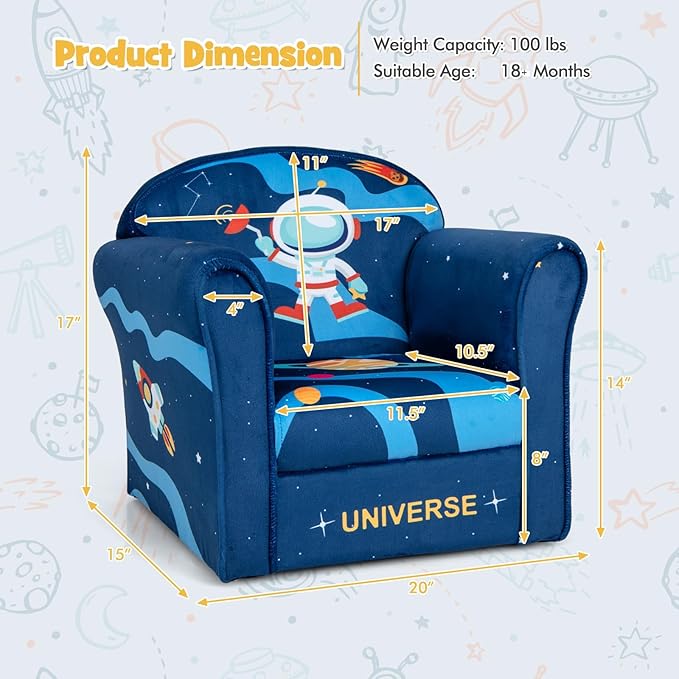 Costzon Kids Couch, Children's Sofa Armrest Chair with Pattern, Toddler Furniture w/Sturdy Wood Construction, Preschool, Lightweight Kids Couch Sofa Chair for Aged 1-5 Boys & Girls Gifts, Astronaut