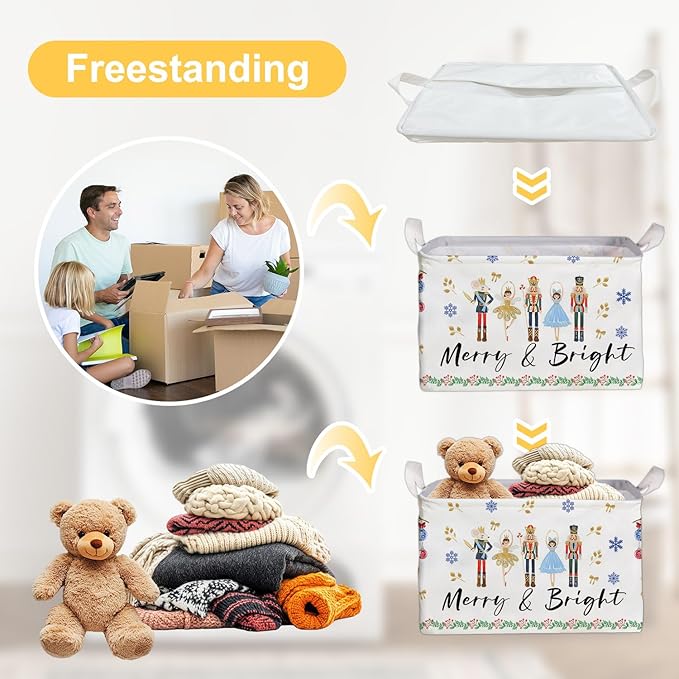 Christmas Storage Basket with Handles, Nursery Organization, Waterproof Toy Box for Boys and Girls Room, Decor Rectangular Fabric Box for Clothes, Christmas Gifts Storage Box, Christmas Party Decor