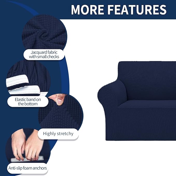2025 New Stretch Oversized Sofa Slipcovers Couch Sofa Cover for 4 Seater Furniture Protector Covers with Elastic Bottom Jacquard Fabric Small Checks for Pets, Kids - Navy