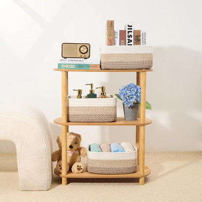 MiniArk Small Storage Baskets for Organizing | Closet Organizer Bins | Shelf Toy Basket | Woven Rope Baskets | Cube Decorative Box | Shallow Basket | 13x8.5x5.1” | 3 Packs Gradient Brown