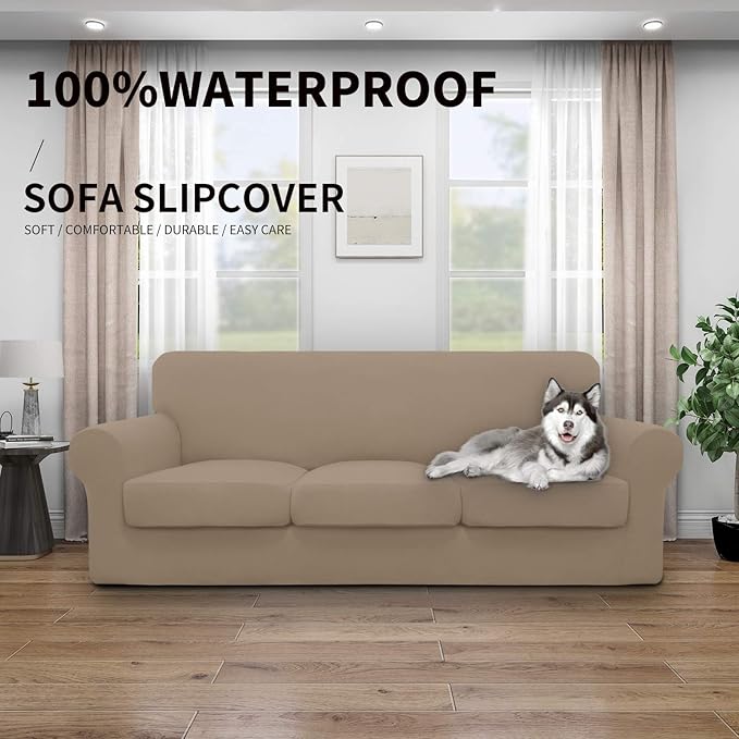 Easy-Going 100% Dual Waterproof Stretch Soft Couch Cover for Dogs, Sofa Slipcover for 3 Separate Cushion Couch Leakproof Furniture Protector for Kids, Pets Camel
