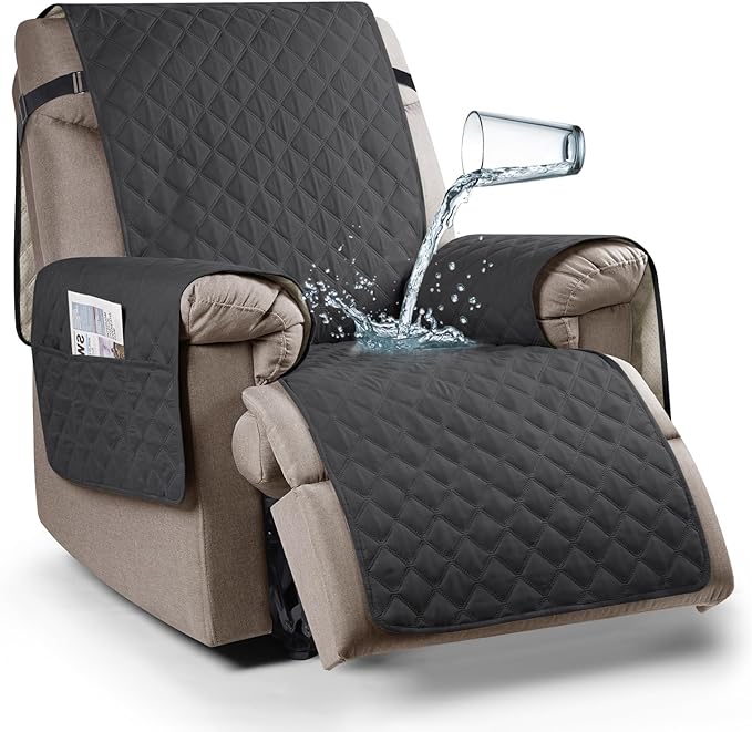 Ruaozz 100% Waterproof Recliner Chair Cover Non-Slip Oversized Reclining Cover for Large Recliner Chair Washable Chair Seat Cover with Elastic Straps for Kids, Dogs, Pets (Charcoal Grey, 28'')