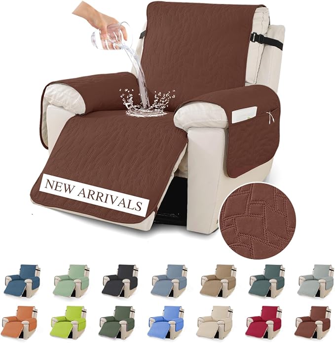 XINEAGE 100% Waterproof Recliner Chair Covers with Elastic Straps, Nonslip Reclining Couch Covers Washable Recliner Couch Cover with Pockets Furniture Protector for Pets Dogs (Coffee, 25")