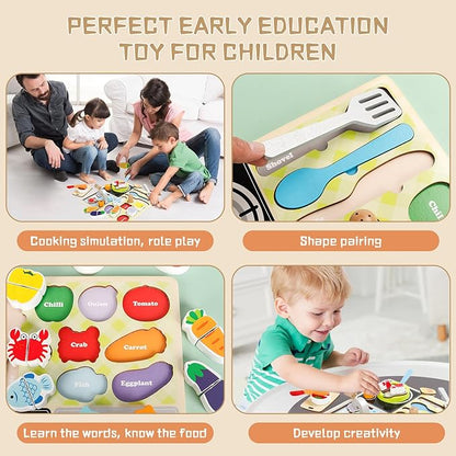 Wooden Toddler Kitchen Toy Set simulates Cooking, Chopping, stir-Frying, Food Shape Matching Games Toddler Kitchen Set for Boys and Girls Ages 3, 4, 5, 6，Gift for Kids