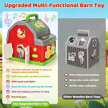 Toddler Toys for 1 2 3 Year Old Boys Girls, Upgraded Musical Farm Animal Barn Toy Gifts, Montessori Fine Motor Skill Learning & Educational Toys, Christmas Birthday Gift for Baby 12-18 Months+