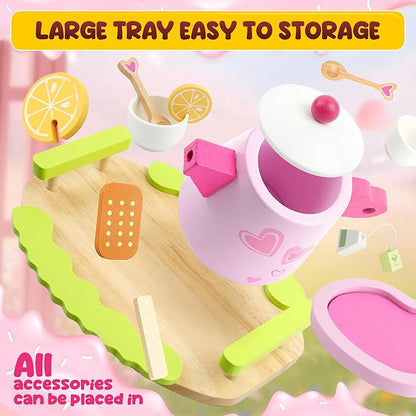 Wooden Play Tea Set for Little Girls - Tea Party Set with Teapot, Cookies, Pretend Play Food and Other Kitchen Accessories, Toys for Girls Boys 3 4 5 6 7 8 Years Old