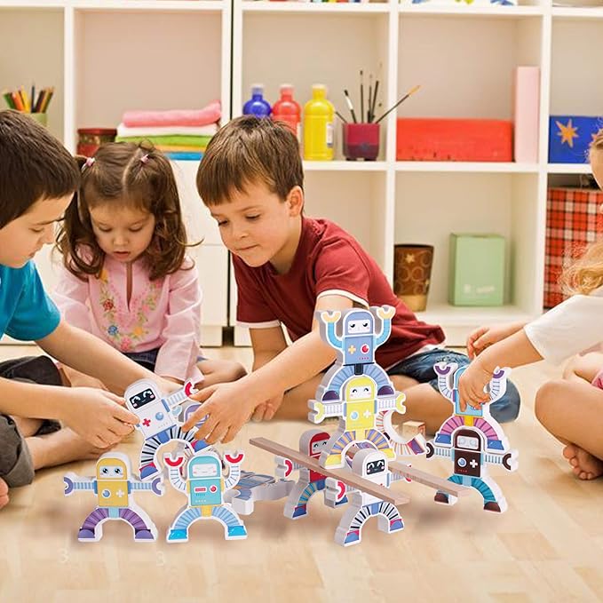 Wooden Robots Stacking Balancing Block Puzzle Game Building Toy Educational STEM Montessori for Preschool Kids Toddlers Sorting Skill Developing Intelligence Play Kits