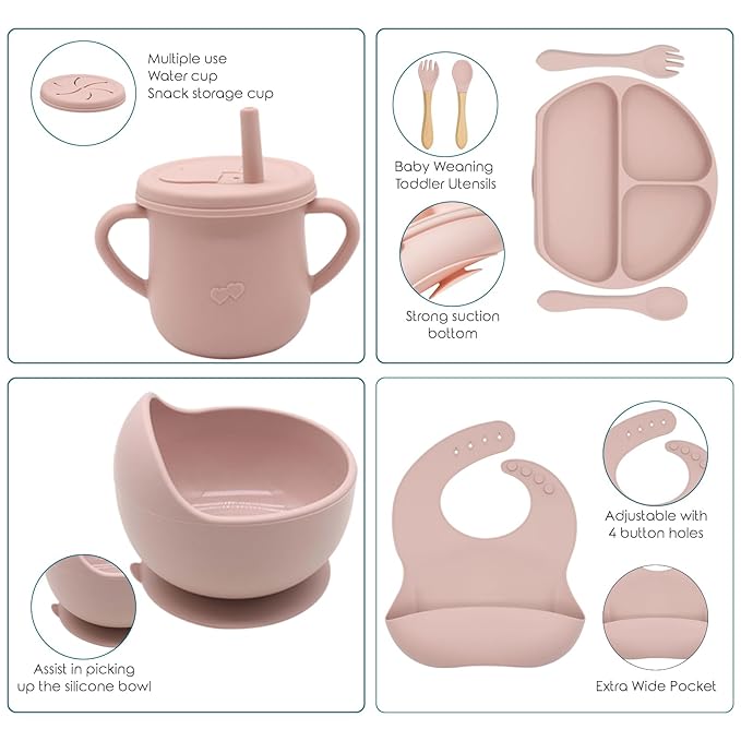 100% Silicone Baby Feeding Set,BPA Free Baby Dishes Set with Suction Bowl Divided Plate,Toddler Self Feeding Dish Set with Spoons Forks Sippy Cup and Bib, Baby Eating Utensils (Pink)