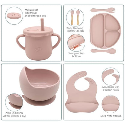100% Silicone Baby Feeding Set,BPA Free Baby Dishes Set with Suction Bowl Divided Plate,Toddler Self Feeding Dish Set with Spoons Forks Sippy Cup and Bib, Baby Eating Utensils (Pink)