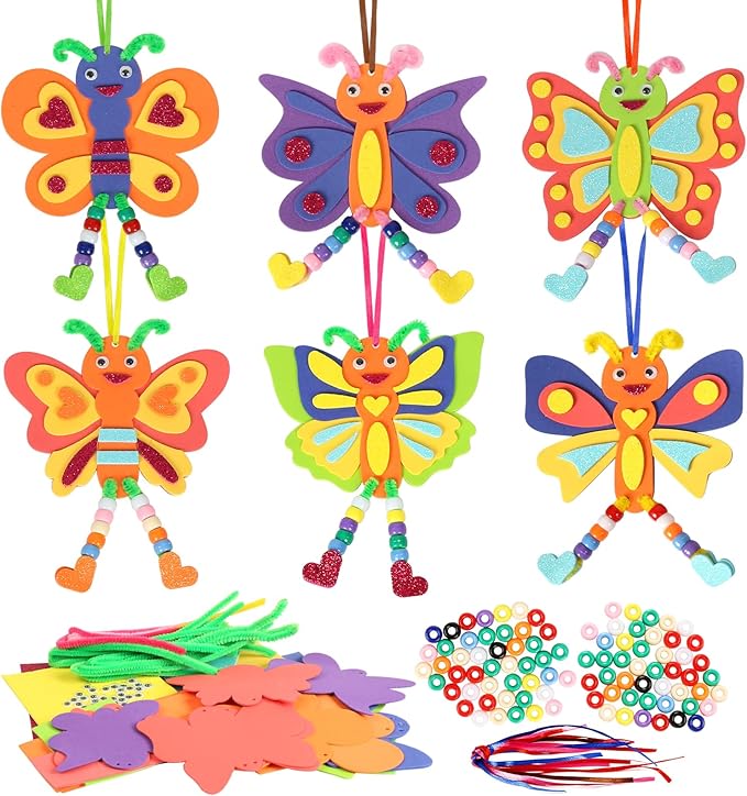 Fennoral 12 Pack Butterfly Craft for Kids Make Your Own Butterfly Foam Stickers with Beads DIY Arts and Crafts for Kids Boys Girls Party Favor Summer Fall Decoration Birthday Gifts