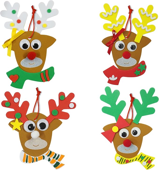 4E's Novelty Reindeer Christmas Ornament Craft for Kids (12 Pack) Updated Edition - Foam Bulk Arts and Crafts Kit for Kids Toddlers 4-8 DIY Craft Party Favor Activity Project