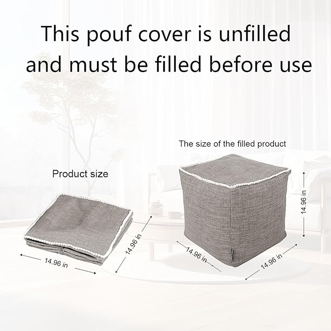 Louis Donné Unstuffed Pouf Ottoman Cover Footstool Square Poofy Ottomans for Storage Foot Rest Floor Cushion Cotton Fabric Decorative for Replacement with Pom Trim Lace 45x45(Only Cover)