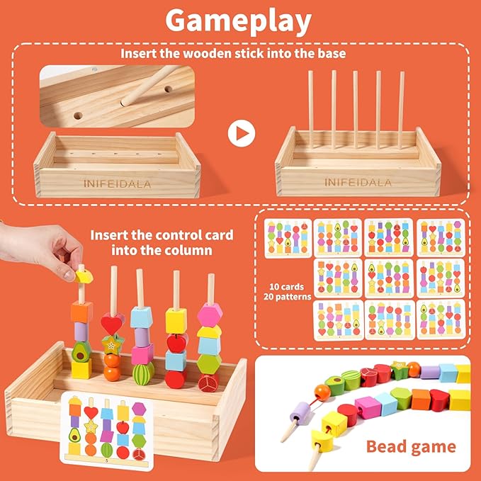 INIFEIDALA Toddler Learning Montessori Toys for 3 4 5 6 Year Old,Rainbow Stacking & Lacing Beads & Matching Shape Stacker - Wooden Peg Board Beads Sequencing Toy Set - Fine Motor Skills Toys