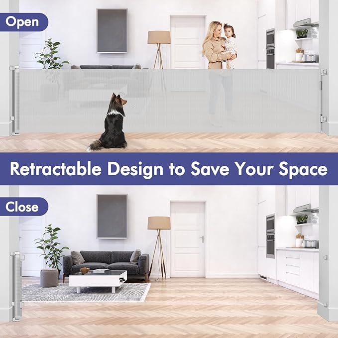 145 Inch Extra Long Baby Gate Retractable Dog Gate Outdoor Retractable Gate Indoor Retractable Baby Gate for Extra Wide Openings Retractable Pet Gate Retractable Fence for Doorways, Decks, Light Gray