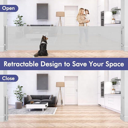 145 Inch Extra Long Baby Gate Retractable Dog Gate Outdoor Retractable Gate Indoor Retractable Baby Gate for Extra Wide Openings Retractable Pet Gate Retractable Fence for Doorways, Decks, Light Gray