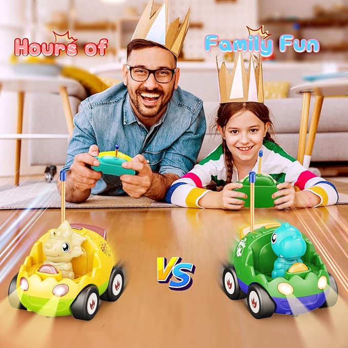 2 Pack Dinosaur Remote Control Cars for Toddlers 2 3 4 5 Years Old - Easter Birthday Gift Ideas for Boys Ages 2-5, Kids Dino Toys RC Vehicle with Lights and Music for Family Fun(Yellow Green)