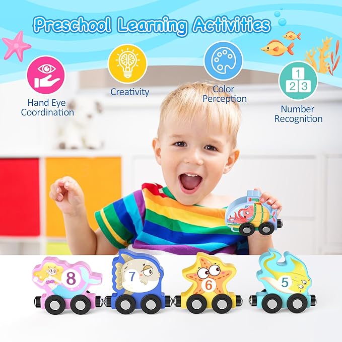 Toys for Toddlers, 11 Magnetic Wooden Sea Animals Train Set, Montessori Toys for Toddlers, Educational Toys for Kids, Birthday Gifts for Boys, Girls