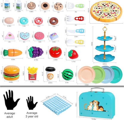 Kids Picnic Basket, Toy Food for Toddlers 1-3, Play Food Sets for Kids Kitchen Role Playset with Carry Case Fake Food Fruit Play Kitchen Accessories, Birthday for Toddler Girls Boys