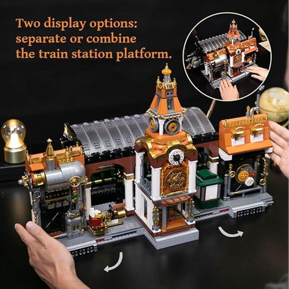 PANTASY Train Station Architecture Building Set, Steampunk Railway Station Building-Bricks Set, Features a Buildable Train, Tracks, Ticket Office Construction Building Toy Kit for Adults and Teen